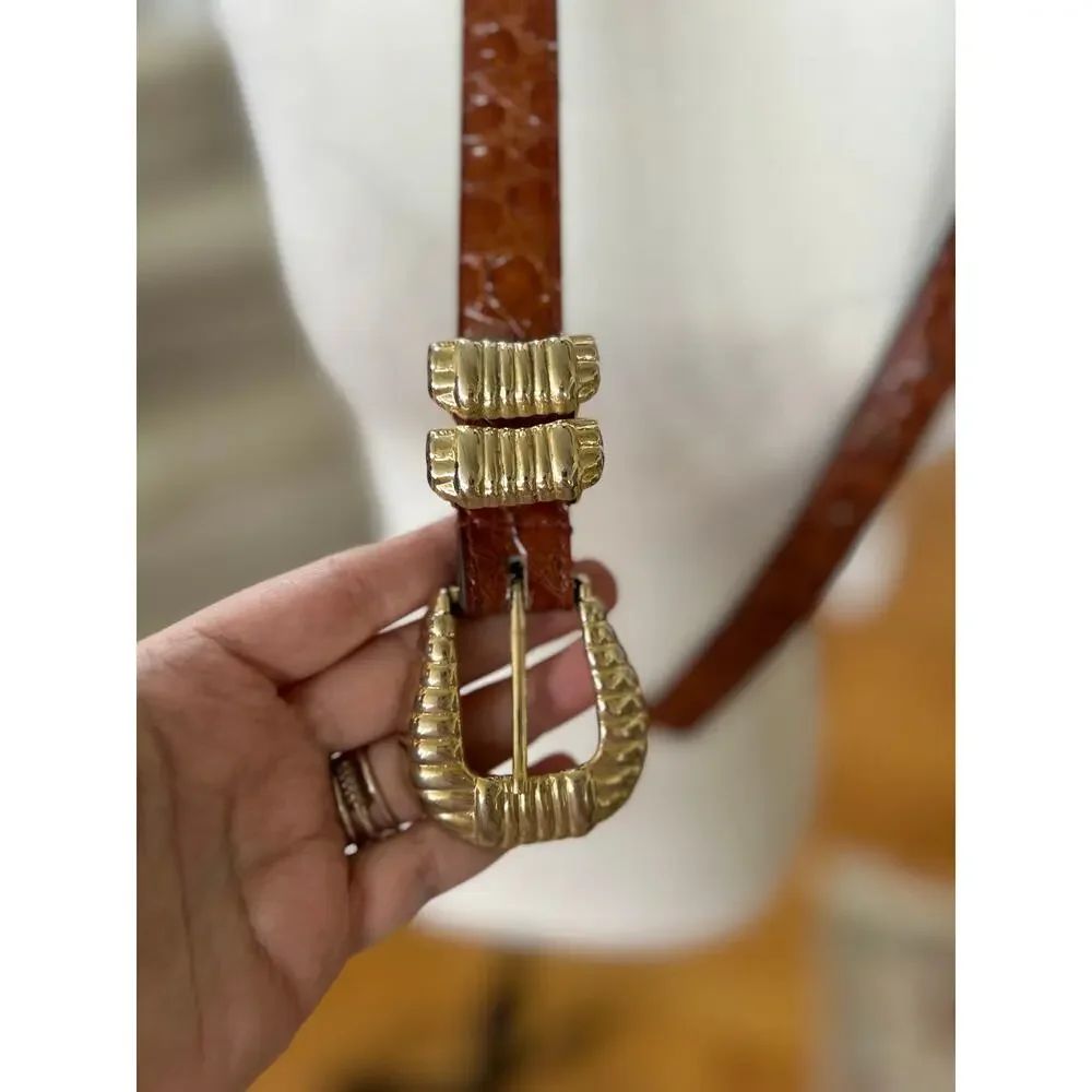 Vintage Brown Croc-Embossed Leather Belt with Gold Buckle